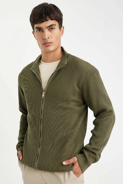 DeFacto Standard Fit Regular Cut Stand Collar Zip-Up Cardigan C8172Ax24Au