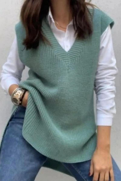 Tüy boutique Women's V-Neck Slit Sweater Front Length 65 cm Back Length 70 cm Width 50 cm Green