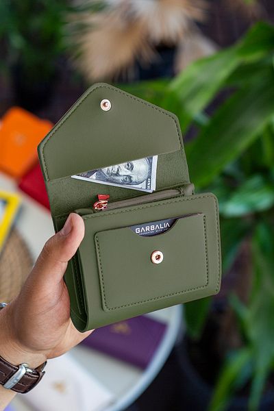 Garbalia Vegan Leather Mini Khaki Green Women's Wallet with Coin Compartment and Plenty of Card Holders