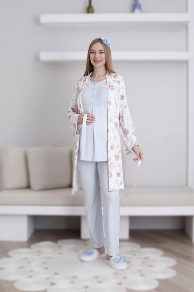Pelin Set de pijamale de maternitate pentru femei, cu detaliu din dantelă, imprimat, cu talie reglabilă