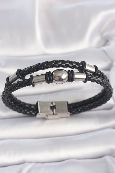 Clariss 316L Steel Silver Color Accessory Double Row Twist Patterned Leather Cord Men's Bracelet