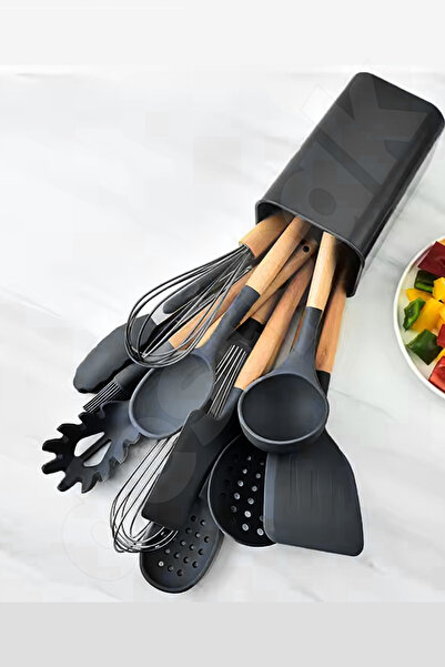 Destpak 11-Piece Silicone Serving Set with Bamboo Handles - Ladle, Colander, Tongs, Spatula Set - Fireproof Silicone Set