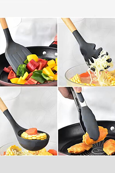 Destpak 11-Piece Silicone Serving Set with Bamboo Handles - Ladle, Colander, Tongs, Spatula Set - Fireproof Silicone Set