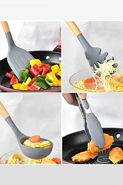Destpak 11-Piece Silicone Serving Set with Bamboo Handles - Ladle, Colander, Tongs, Spatula Set - Fireproof Silicone Set