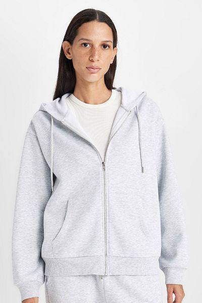 DeFacto Relax Fit Hooded Pocket Basic Plain Zipper Sweatshirt C1809Ax24Wn