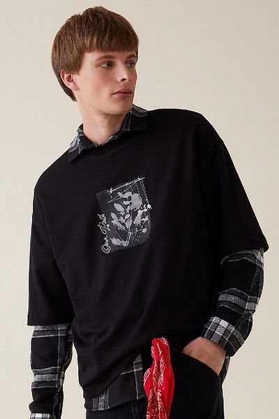 DeFacto Μαύρο Loose Fit Crew λαιμόκοψη λουλούδι με στάμπα από βαρύ ύφασμα κοντομάνικο μπλουζάκι C7056ax24au