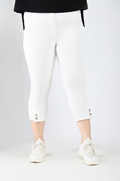 Bedrinxxl Büyük Beden Kapri Gabardin Likralı Düğmeli Kapri Model Beyaz
