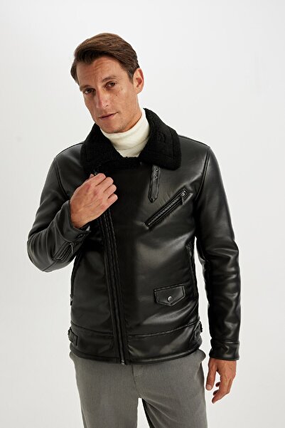 DeFacto Su İtici Slim Fit Dar Kesim Astarlı Fermuarlı Cepli Suni Deri Mont Ceket A4392AX24WN