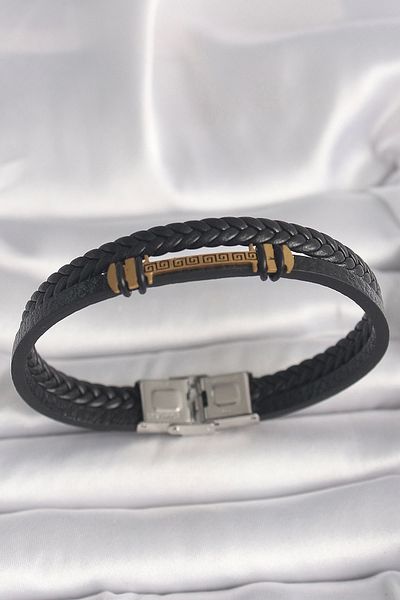 Clariss 316L Steel Silver Color Double Row Black Twist Pattern Leather Cord Men's Bracelet with Accessories