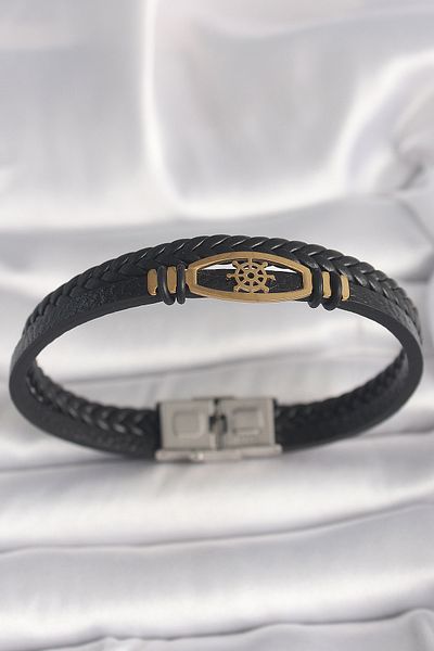 BESKAR 316L الصلب الذهب اللون السفينة الدفة الشكل أسود اللون صف مزدوج اوجير منقوشة الجلود الحبل الرجال حتى