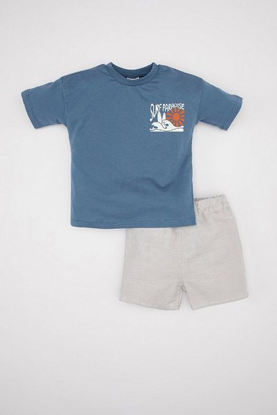 DeFacto Printed 2-Piece Set for Baby Boy - Short Sleeve T-Shirt and Elastic Shorts C6213A524Sm