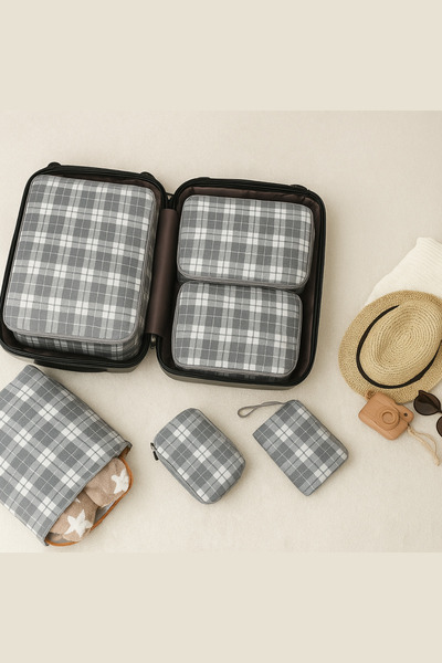 NACAREV Set of 6 Gray Plaid Patterned Suitcases and Suitcases - Travel Storage Bag and Makeup Organizer