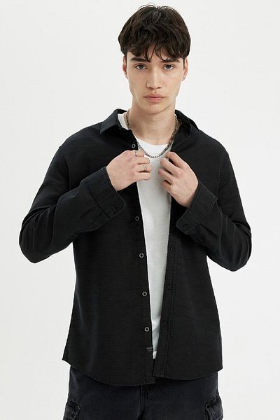 DeFacto Slim Fit Slim-fit Polo Neck Basic μονόχρωμο βαμβακερό μακρυμάνικο πουκάμισο 25k801t00651