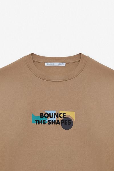 GRIMELANGE Milennial Men's Oversize Fit 100% Cotton Thick Textured Printed Dark Beige T-Shirt