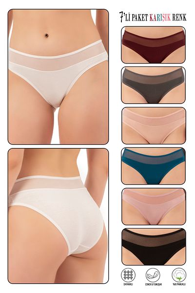ÖZKAN underwear Özkan 26797 Pachet de 7 Chiloți de bikini pentru femei, din tul, cu detalii din tul, din bumbac, flexibili, confortabili.