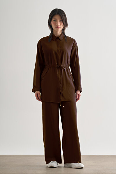 Mizalle Acı Kahve Mizalle Çift Cepli Beli İp Büzgülü Modal Kahverengi Tunik