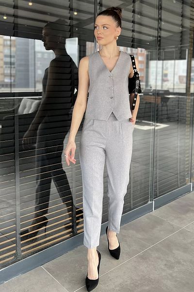 GÜLSELİ Gray Women's Button Detailed Lined Vest Trousers Double Set