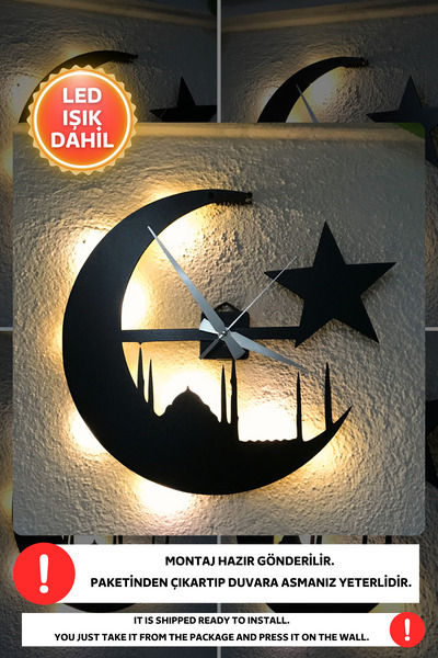 Dekorvin Led Işıklı Ay Yıldız Mutfak Duvar Saati Sessiz Dekoratif Modern Siya...