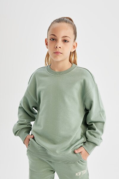 DeFacto Kız Çocuk Relax Fit Bisiklet Yaka Pamuklu Basic Düz Okul Sweatshirt A2797a824au
