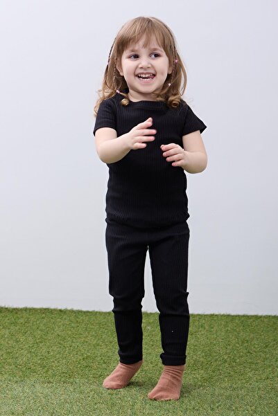 Perendi Cotton Triple Girl's Set - Ruffle Detailed, Black