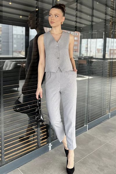 GÜLSELİ Gray Women's Button Detailed Lined Vest Trousers Double Set