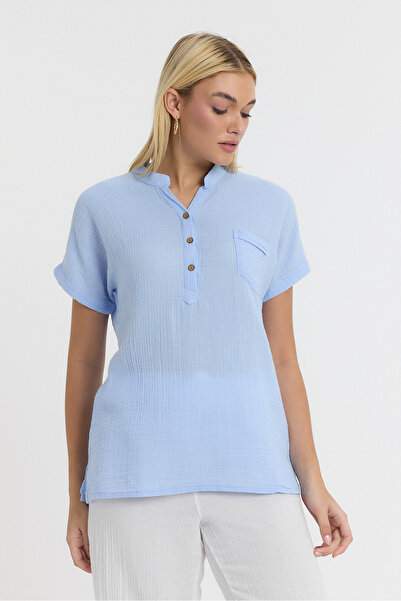 TCT TEKSTİL Bluză de damă cu mânecă scurtă - Bluză cu guler dominator din muselină - 1130