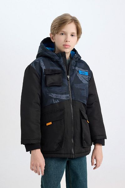 DeFacto Boy's Water Repellent Hooded Coat with Zipper and Pocket, Fleece Lining C9043A824Wn