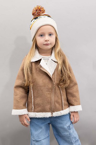 DeFacto Baby Girl V-Neck Coat Faux Fur Lined Suede Jacket with Fleece Inside Pocket C6578A524Au