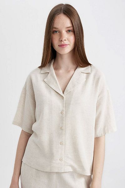 DeFacto Linen Blend Oversize Pajama Shirt - Short Sleeve, Sleepwear Lapel U2927Az24Sm