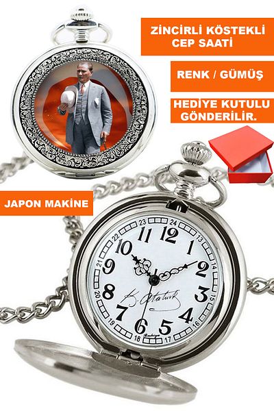 COBRA Kemal Ataturk Visual and Signed Silver Color Chain Shackle Pocket Watch