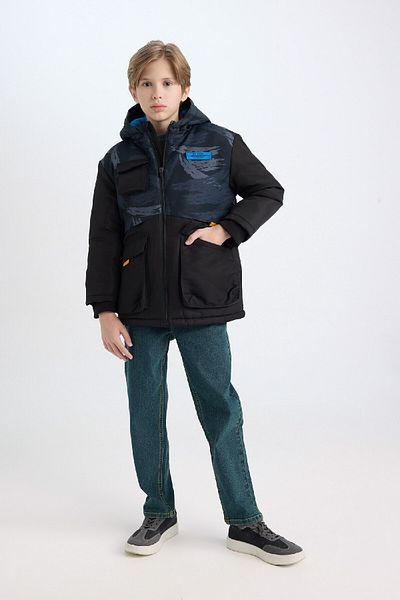 DeFacto Boy's Water Repellent Hooded Coat with Zipper and Pocket, Fleece Lining C9043A824Wn