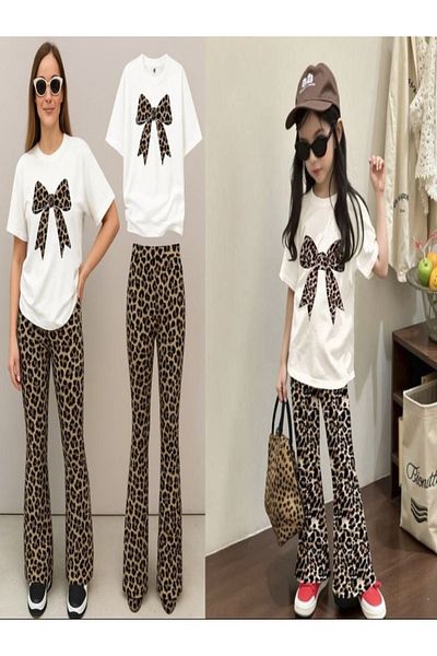 MORNİNG KİDS Mother Daughter Matching Set - White T-Shirt, Ribbon and Leopard Print Flared Trousers