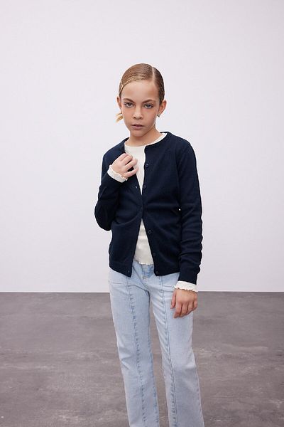 DeFacto Girl's Crew Neck Buttoned Navy Blue Basic Plain Knitwear School Cardigan N8407A624Au