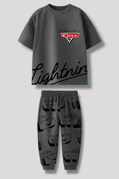 Magu Boy's Cotton Anthracite Cars Themed Suit - Lightning Printed Sweatpants