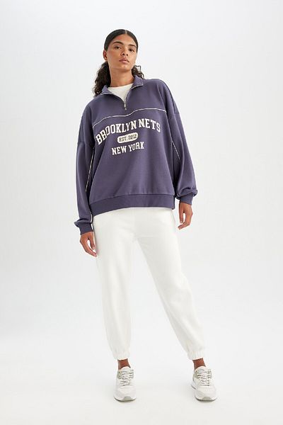 DeFacto Hanorac oversize Fit Nba Brooklyn Nets, cu jumătate de fermoar, cu guler vertical, C8246ax24au