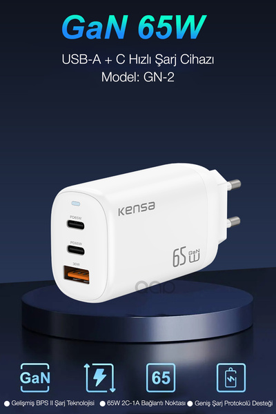 TEKNOHANE 65W Gan3 Turbo Hızlı Şarj Cihazı Type-C QC PD 2xUsb-C 1xUsb-A (Gerçek 65 Watt)