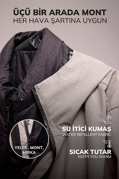DeFacto Waterproof Fit Water Repellent Σετ 2 - Λεπτό αδιάβροχο και χοντρό παλτό, με κουκούλα και φερμουάρ C6055ax24wn