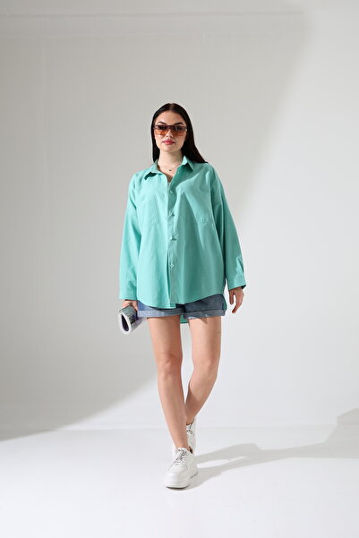 Corradeo Giyim Oversize Poplin Fabric Turquoise Double Pocket Women's Tunic Shirt