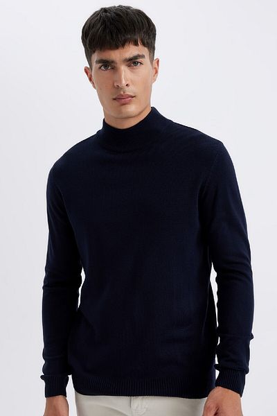 DeFacto Námořnická modř Slim Fit Slim Fit Poloviční rolák Základní hladký pletený svetr R1127Az24Wn