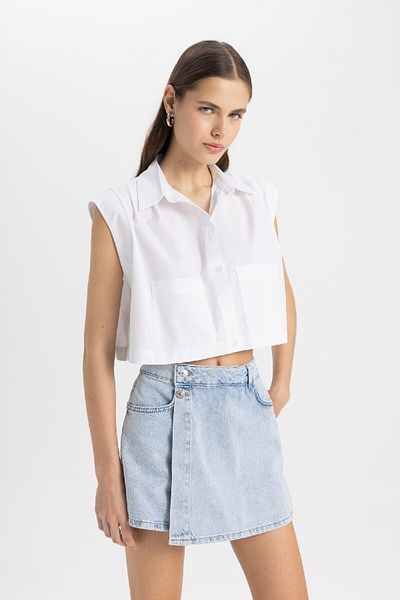 DeFacto Πουκάμισο Crop Poplin κοντομάνικο C8285ax24sm