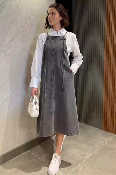 GÜLSELİ Anthracite Γυναικείο Ρυθμιζόμενο Ζαντάκι Τζιν Φόρεμα Salopet με τσέπες