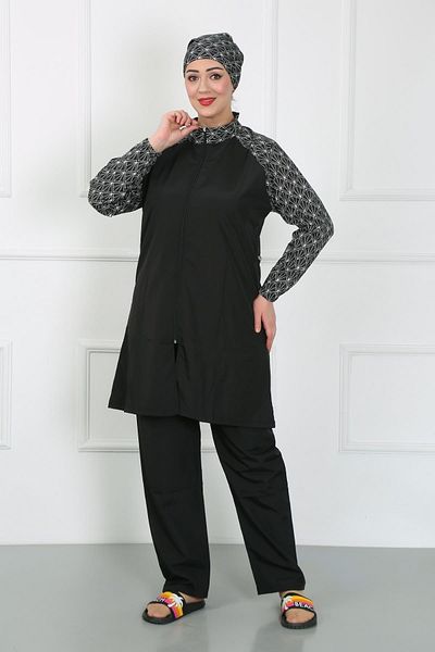 Celira Plus Size Patterned Hijab Swimsuit Black 44030
