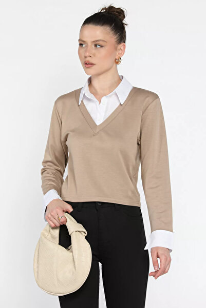 julude Beige Women's Shirt Collar Blouse