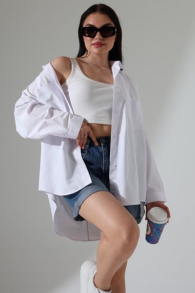 Corradeo Giyim Poplin Fabric Double Pocket Oversize Cotton White Women's Tunic Shirt