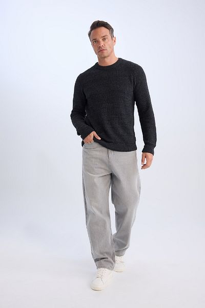DeFacto Standard-Passform, normaler Schnitt, strukturierter Basic-Strickpullover mit Rundhalsausschnitt R1175az24wn