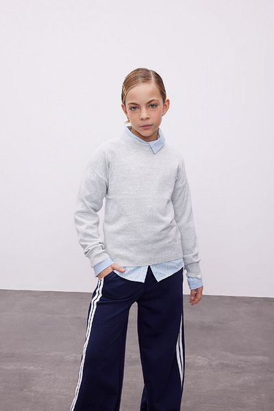 DeFacto Light Gray Crew Neck Knitwear Sweater - Girl, Standard Fit C6902A824Au