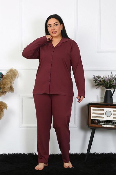 Celira Women's Plus Size Cotton Pocketed Buttoned Plum Pajamas Set202401