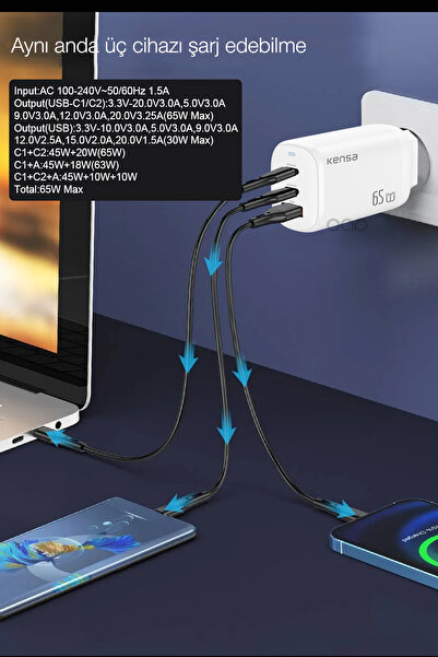 TEKNOHANE 65W Gan3 Turbo Hızlı Şarj Cihazı Type-C QC PD 2xUsb-C 1xUsb-A (Gerçek 65 Watt)