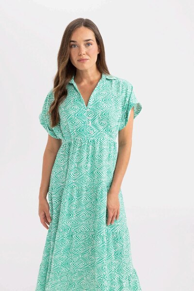 DeFacto Gömlek Yaka Desenli Viskon Kısa Kollu Maxi Elbise C8713ax24sm