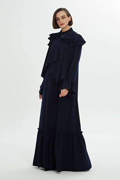 GİZİA Boncuklu Volan Detaylı Mavi Uzun Elbise